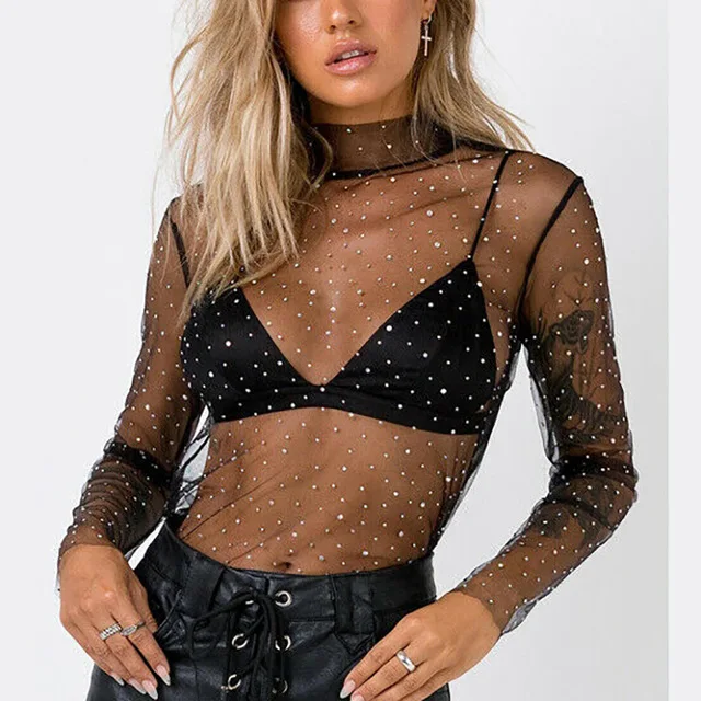 Women Korean Long Sleeve Fishnet T Shirt Tops Mesh See Through Women Black Sequin Blouse