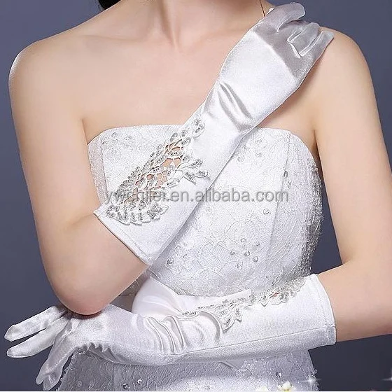 New fingered  White Beige wedding dress hollow out  bead long gloves