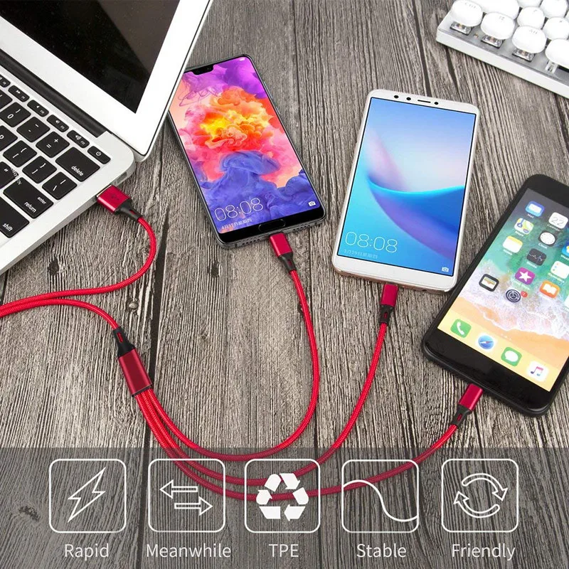  Бесплатный образец нейлоновый зарядный провод 2.4A мобильный Micro USB кабель 3 в 1 для iphone