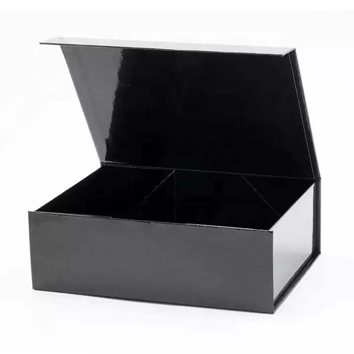 Luxury deep glossy lamination black foldable gift box packaging with magnetic lid