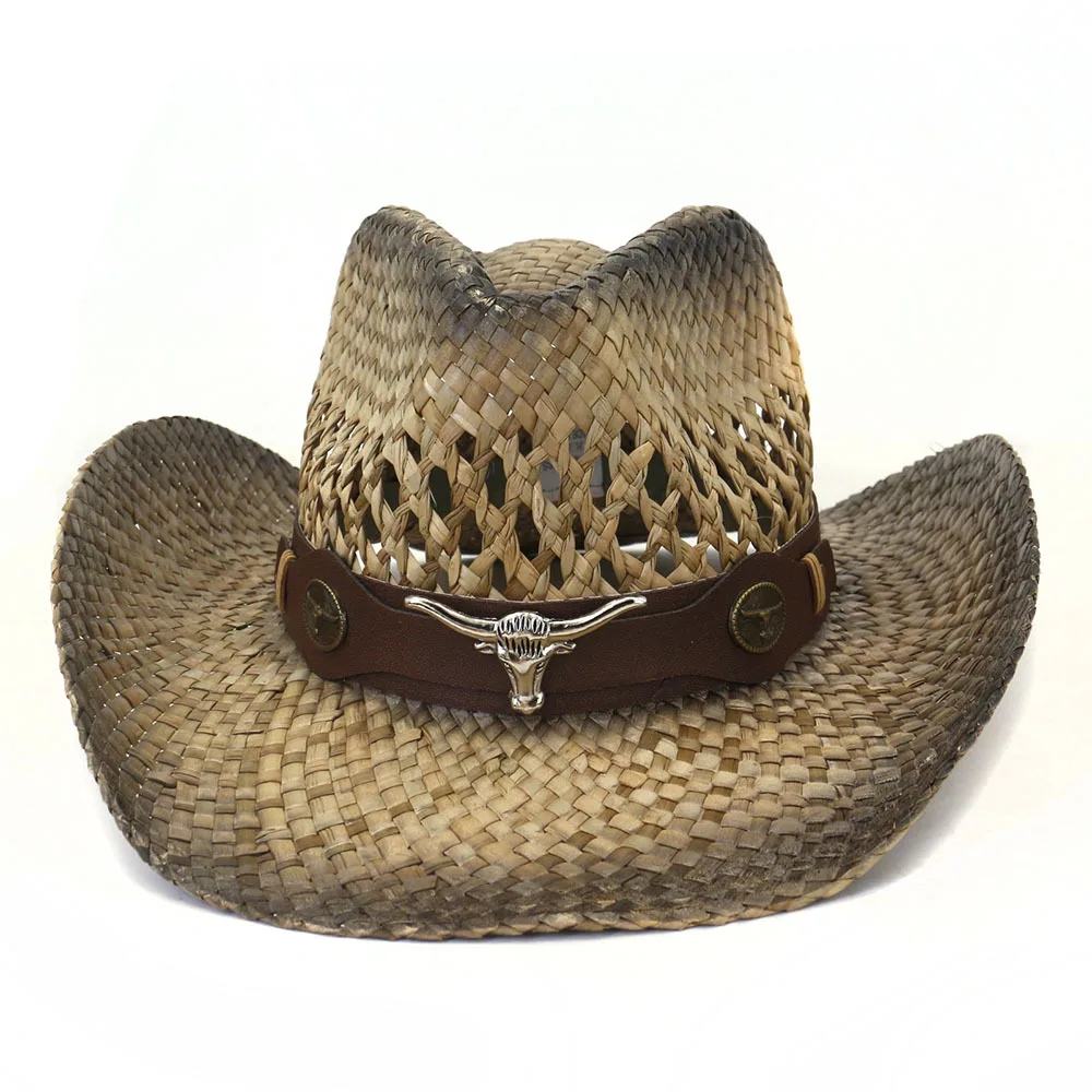 Metal Logo Leather Strap Decorated Mens Boho Western Cowboy Hat Salt Straw Hat