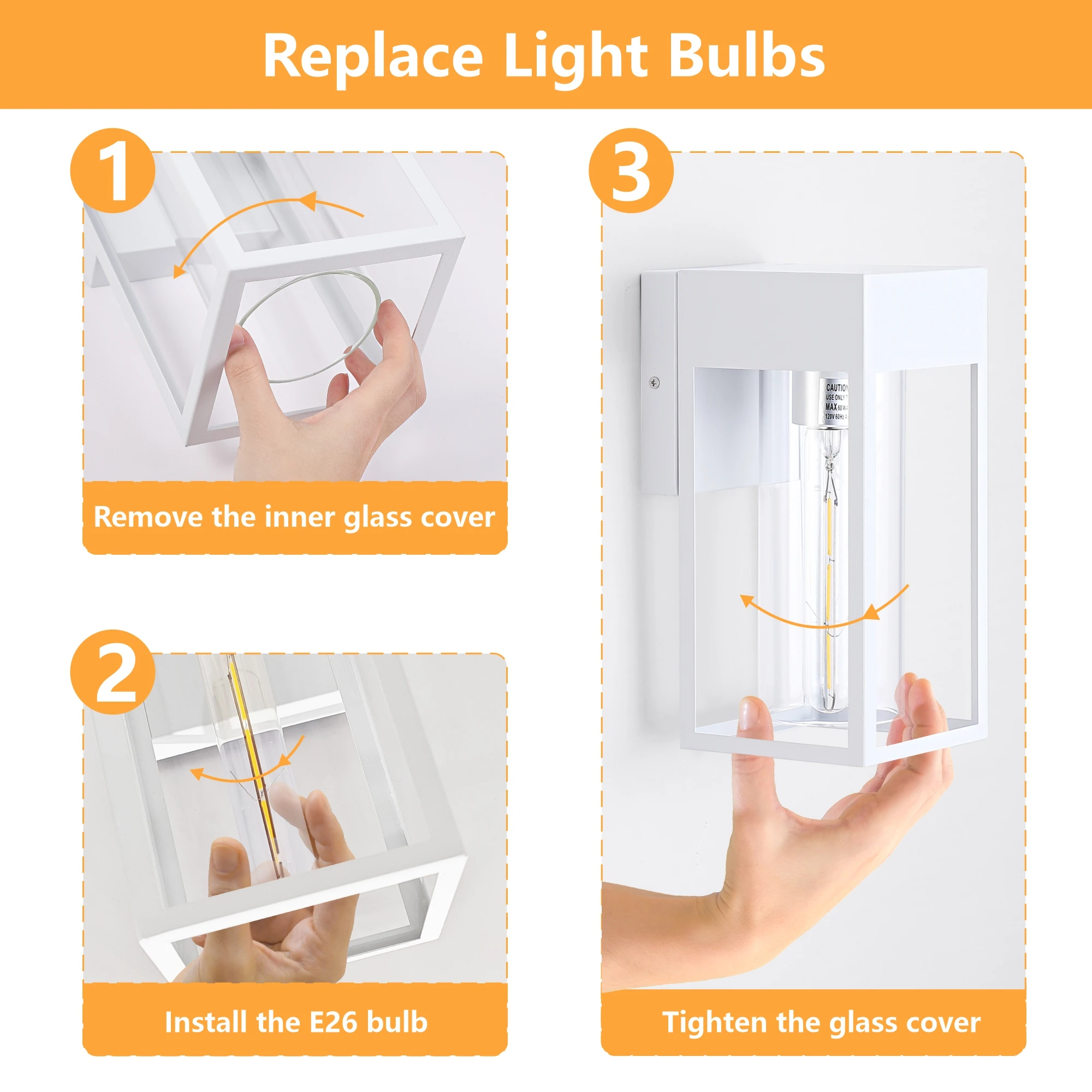 Square White E26 Sockets Glass 2 Pack Outdoor Light Wall Lamp Fixture Exterior Mounted Lantern Garden Porch Sconces Lighting