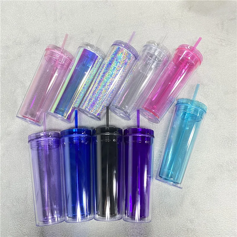 wholesale 16oz Clear Insulated Straight Tumblers Reusable Double Wall Skinny Plastic Cups Mug Water Bottles With Straw and Lids