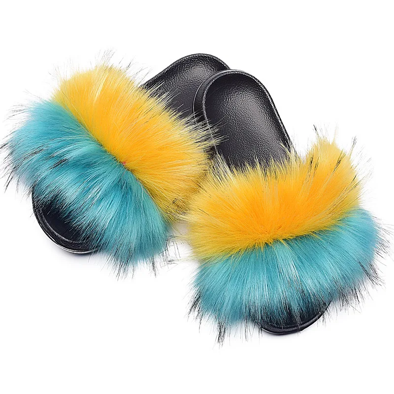 Wholesale 1 Pair Custom Logo Fluffy Real Fox Raccoon Fur Slipper Furry Fur Slides For Women