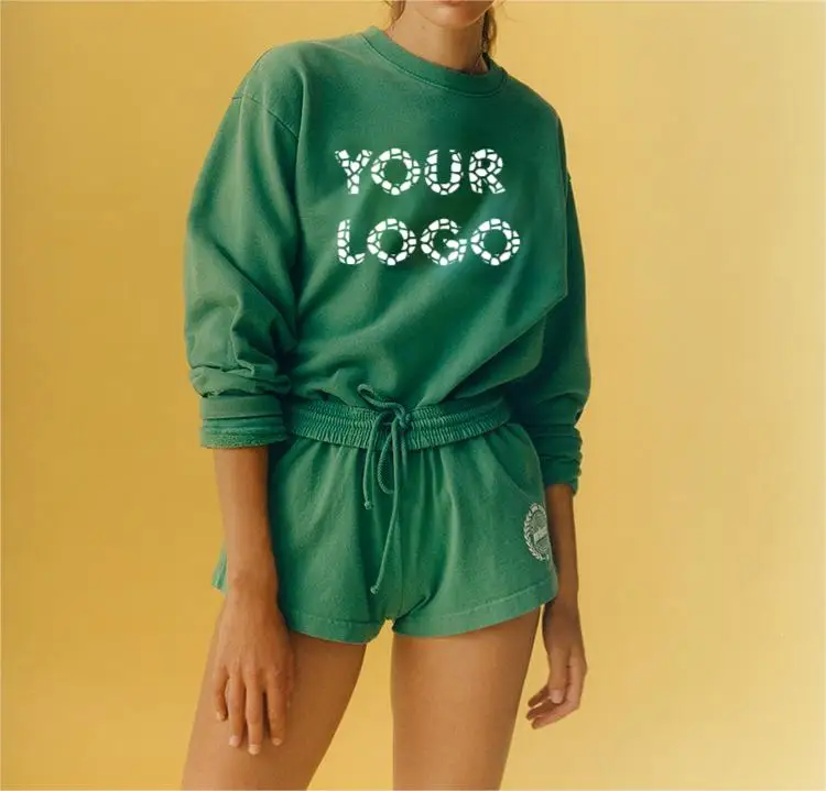 100% Cotton France Terry High Quality Green Logo Printed round Neck Sweatshirt and Short Hoodie Set Casual Style for Summer