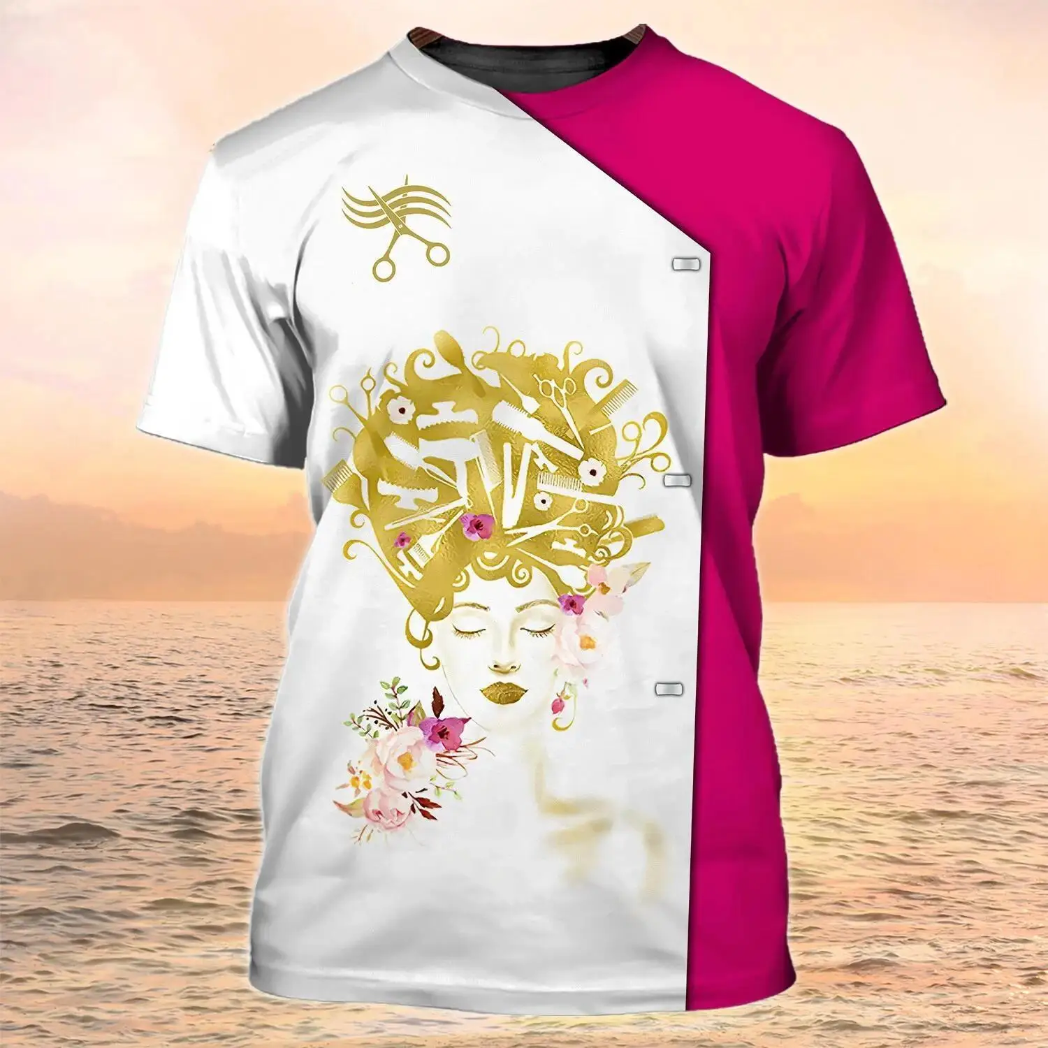New fashion European and American Barber work clothes 3D digital print summer casual T-shirt