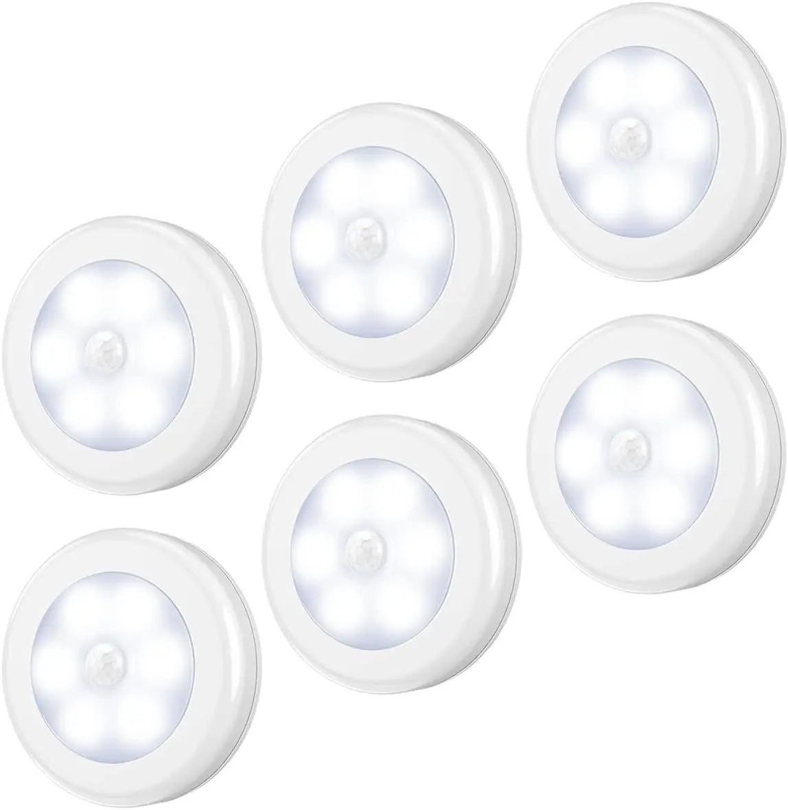 Battery Operated 6 LED Round Indoor Night Lights Motion Sensor Wardrobe Closet Under Cabinet Lights for Bathroom Bedroom Kitchen