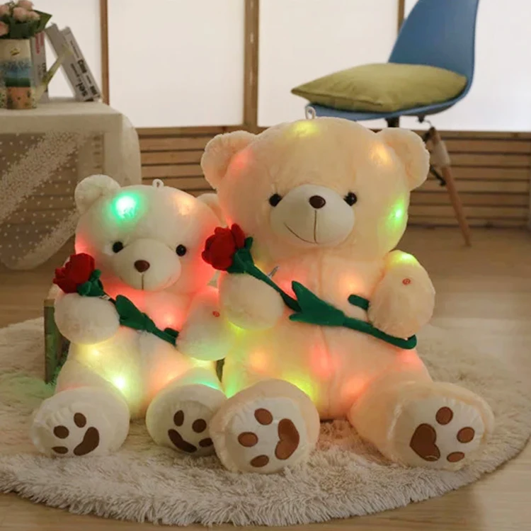 Custom New Creative Multicolor Soft Toys Led Light Glow Holding Rose Teddy Bear Plush Toy With Rose