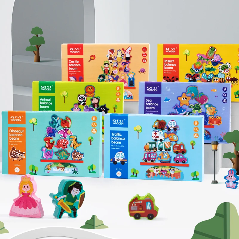 Best-selling wooden 3D Dinosaur balance block toys Montessori Six theme stack heights Building Block Sets For children kids CE