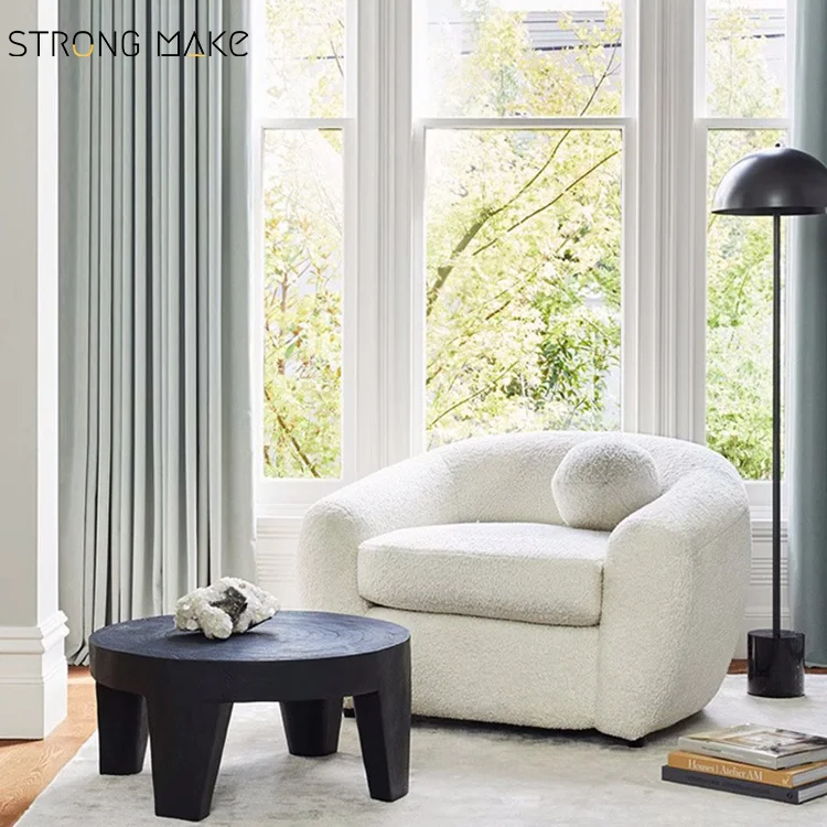 White Wool Boucle Modern Small Teddy Wood Leg Leisure Home Furniture Accent Arm Lounge Chair For Indoor Living Room