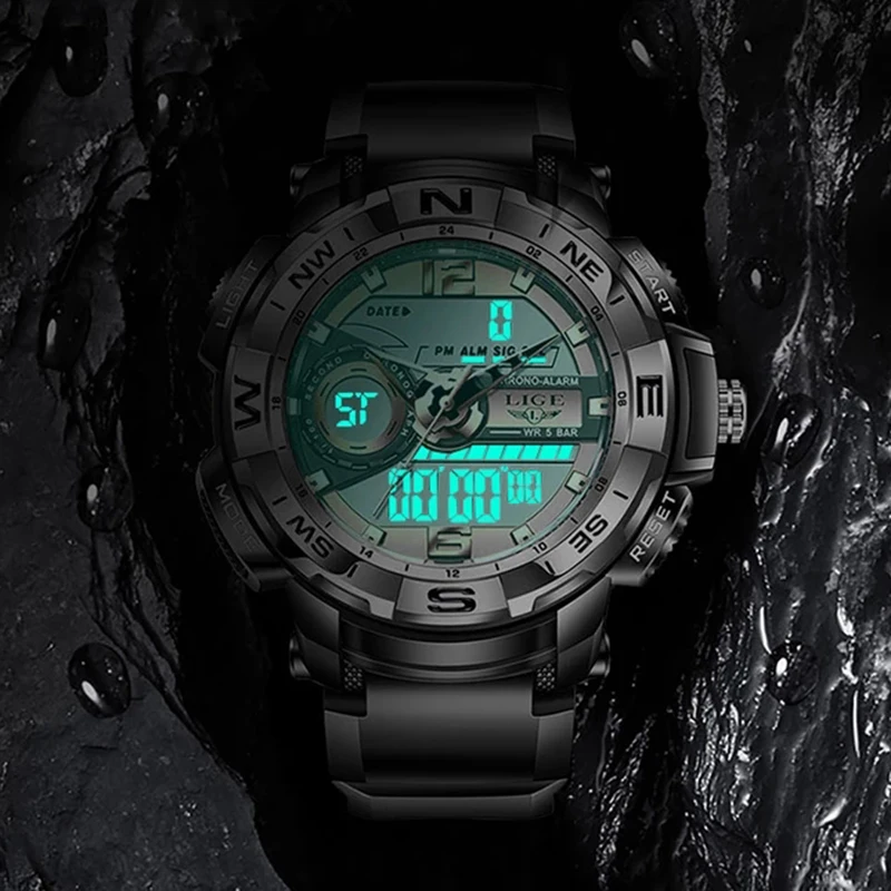 LIGE Mens Watches Waterproof Sport Stopwatch LED Digital Watch Men Big Dial Clock For Male Relogio Masculino