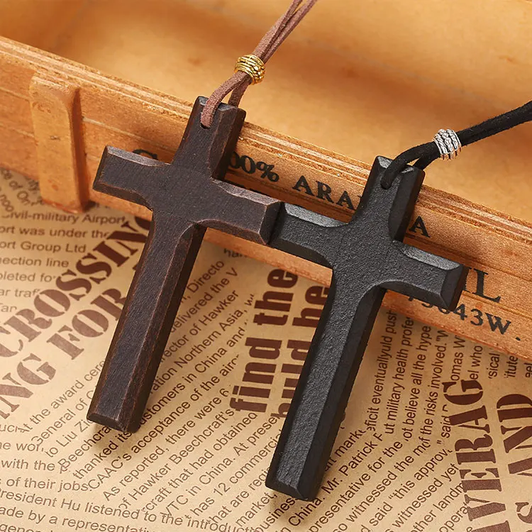 Wholesale Couple Long Cross Pendant Sweater Chain Minimalist Hand Carved Brown Black Wooden Cross Charm Necklace for Women Men