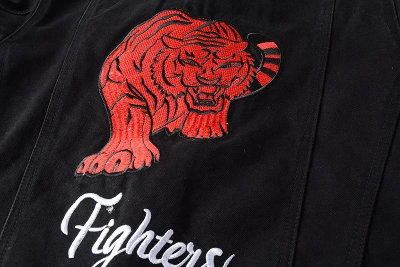 
New France Style #416 Mens Embroidery Red Tiger Moto Biker Blac men denim jacket coat <span style=