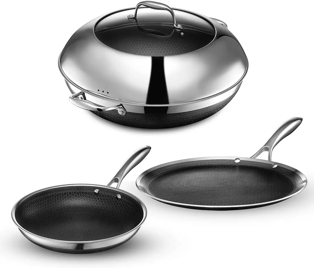 3-Piece Hybrid Cookware Bundle with 14-Inch Wok, 12-Inch Griddle & 10-Inch Frying Pan