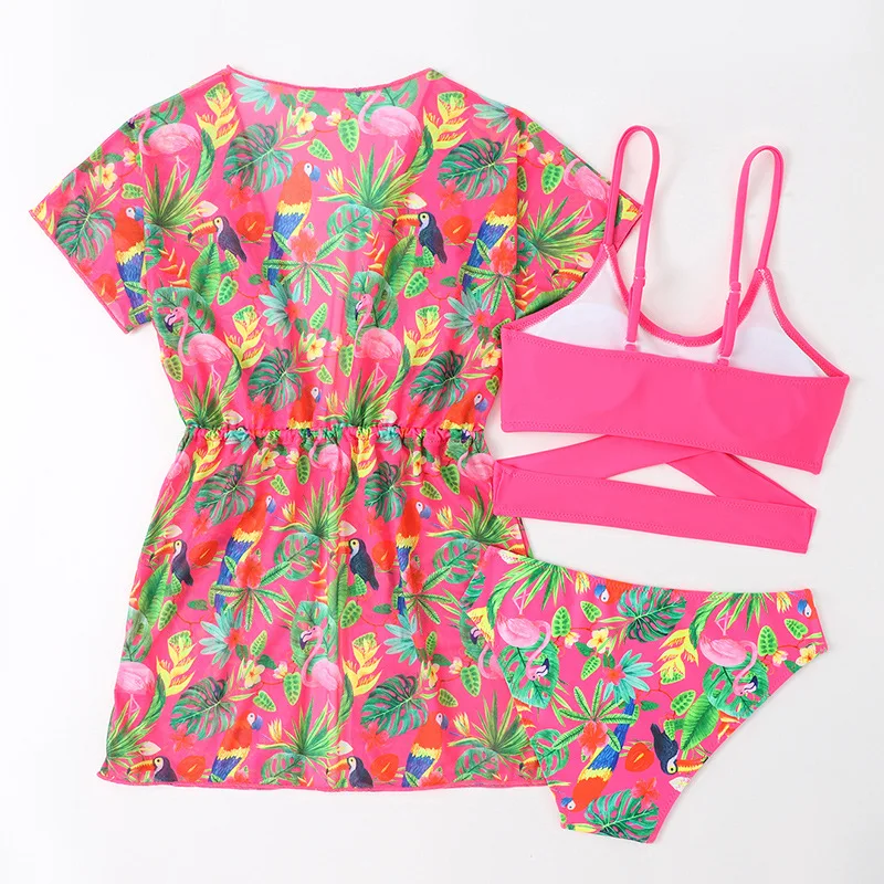 Buying Things Online Girls Swimwear Flower Print Polyester Fabric Three-piece Bikini Set