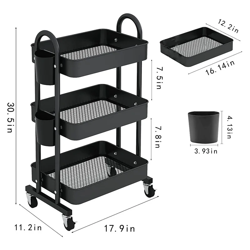Multi Purpose 3 Tier Metal Organisation Holder Utility Trolley 3 Shelf Utility Storage Rack Cart For Kitchen Office Bathroom