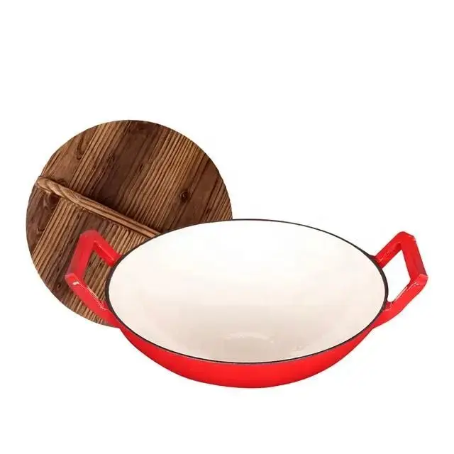 Double Handle Round Non-stick Pan Kitchen Cookware Enamel Cast Iron Frying Pan With Wooden Lid
