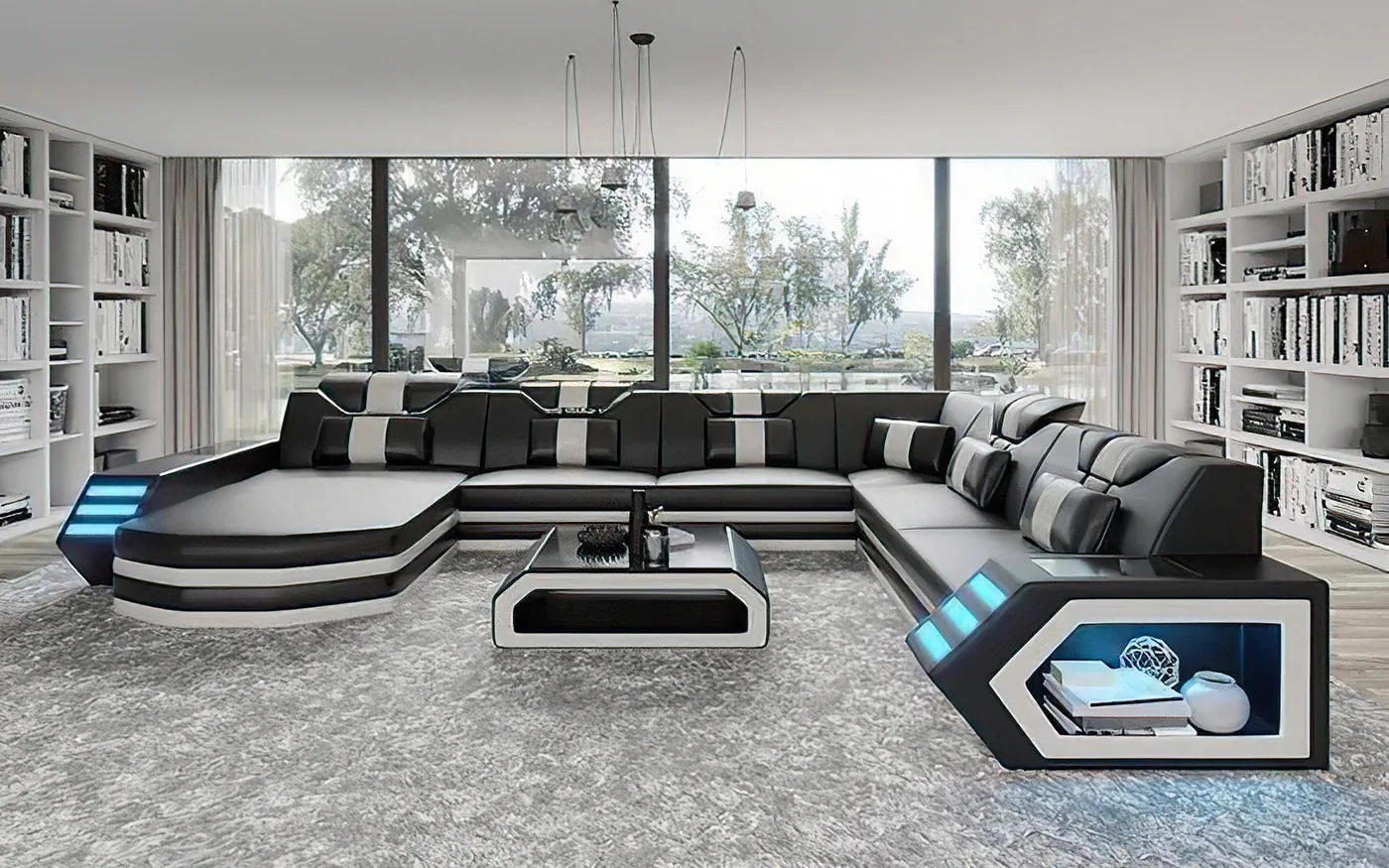 Modern design luxury leather fabric sofa with LED light music player for living room