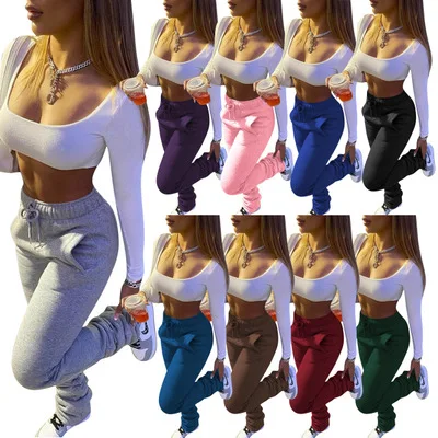 
Wholesale women thick stacked pant cotton material stacked sweat pants for women 