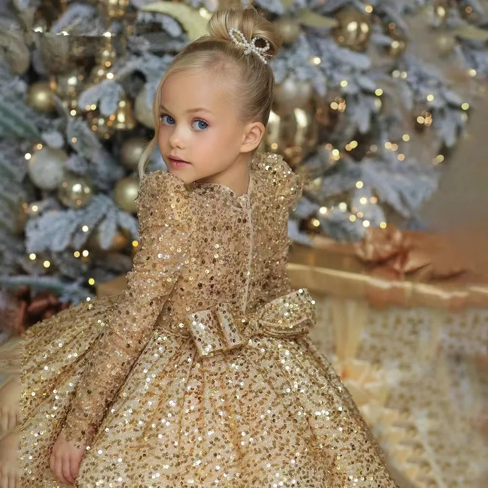 2024 New Style Ball Gown O-neck Long Sleeve Invisible Zipper Bow Sequin Golden Princess Dress