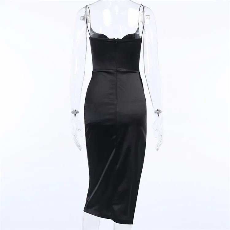 Spaghetti Strap Black Women Dresses Party Wear Satin Sexy Split Maxi Dress Summer Dresses Women