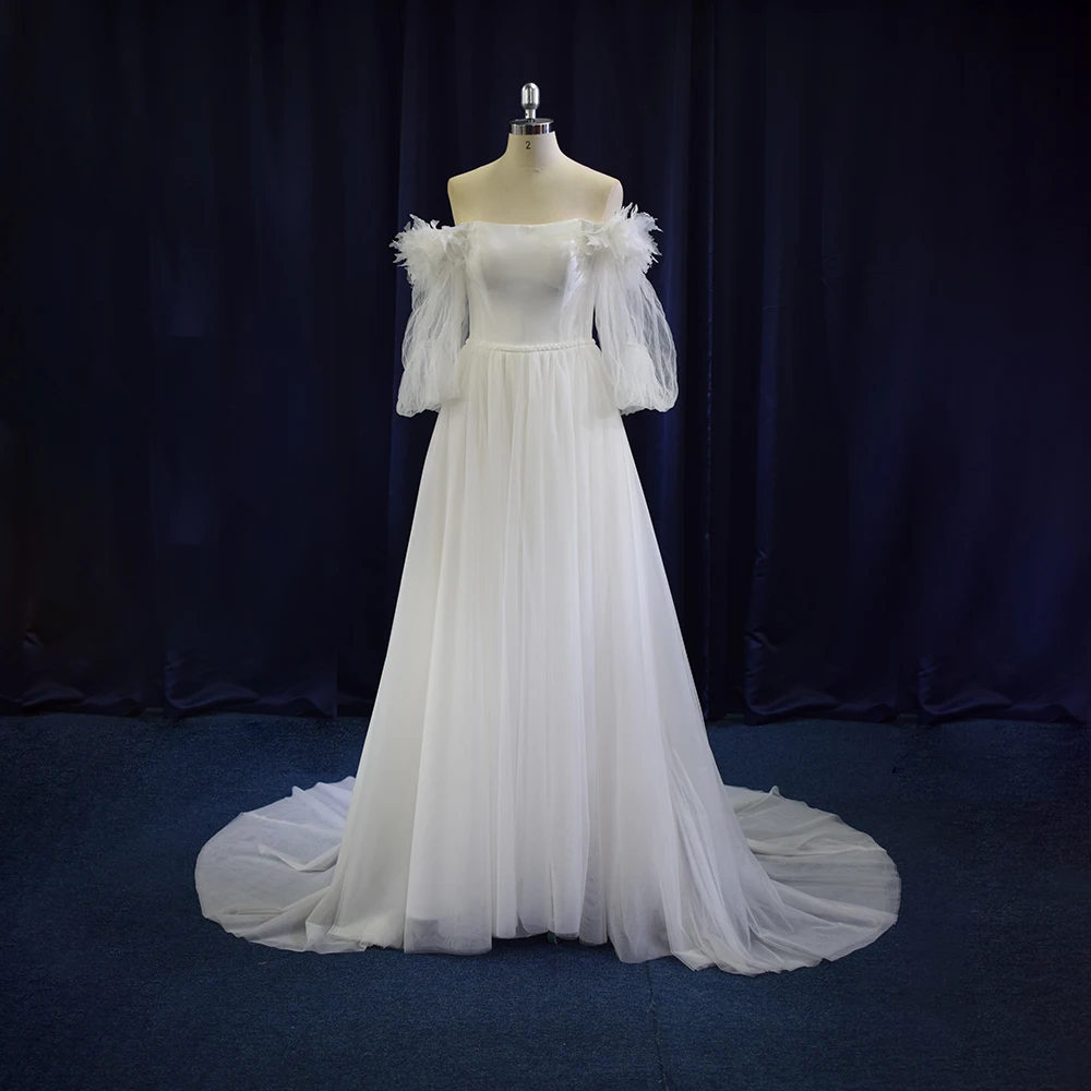 TEENYEE  Elegant  Off-shoulder Flare Feather Sleeves Chiffon A-line Wedding Bridal Gowns Dresses for Bride