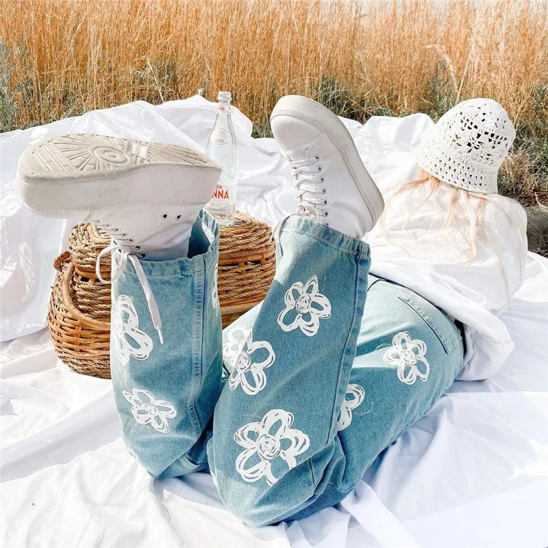 New Vintage flower printed jeans women High waist Harajuku Aesthetic jeans denim streetwear fashion jeans women