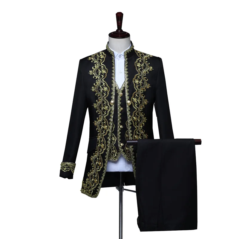 Plus Size Court Black and White Prince William Baroque Embroidery Men Suit Three Piece Stage Singer Medieval Wedding Prom Suits