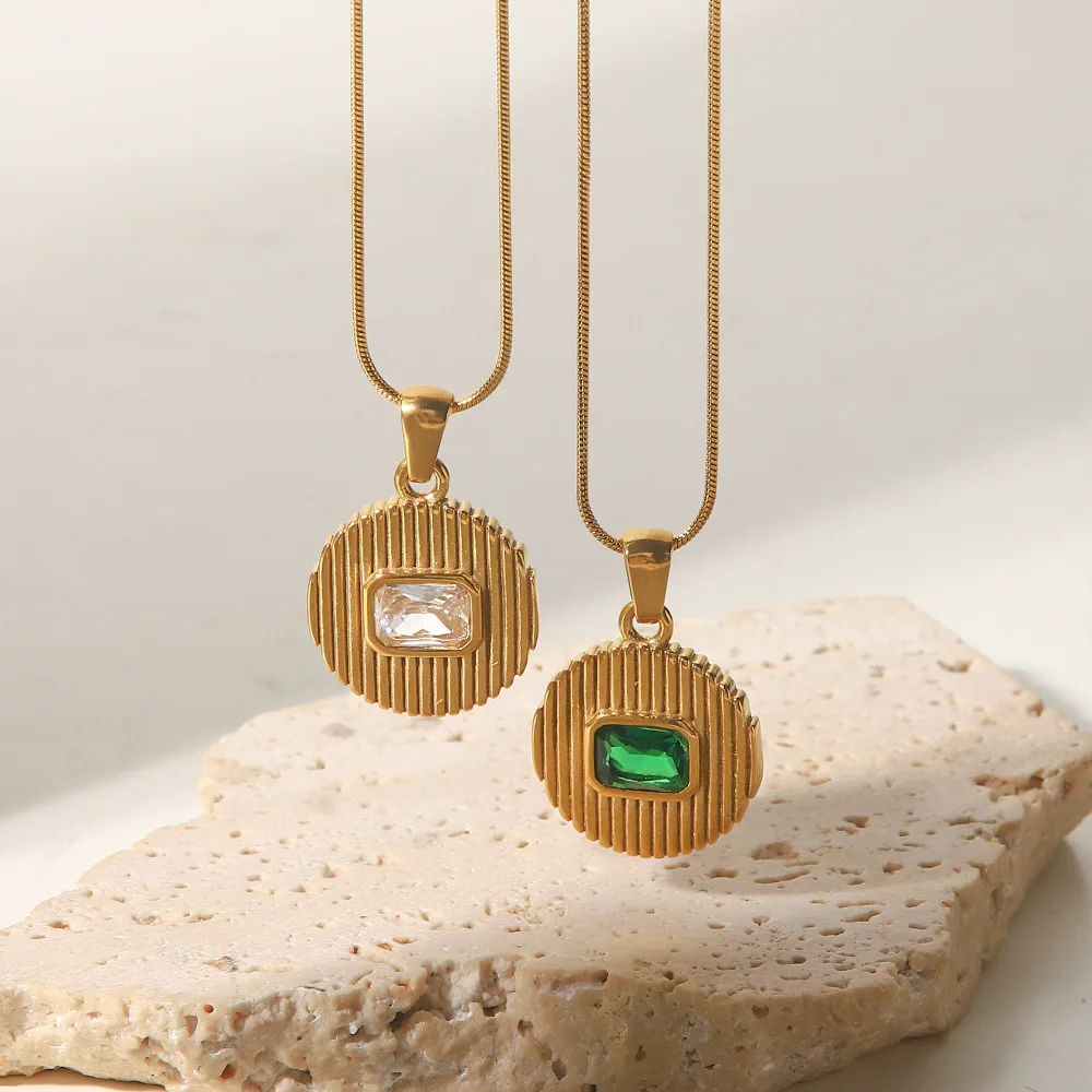 Charm 18K Gold Plated Hammer Stainless Steel Round Screw Coin Shape Square Zircon Pendant Necklace