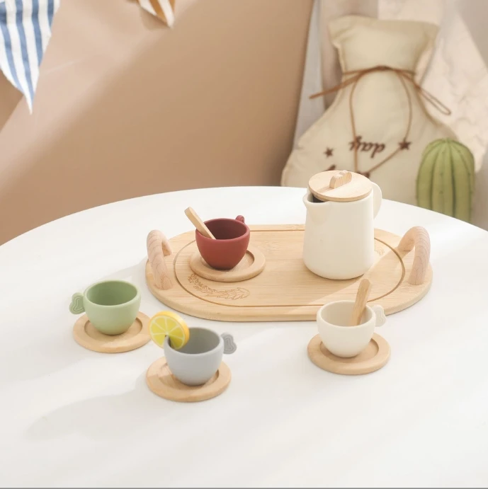 New Arrival Factory Baby Wooden Afternoon Tea Set Dessert Kitchen Toy Educational Pretend Play Toys For Kids