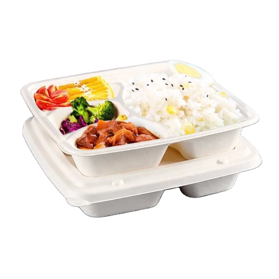 Disposable white wheat straw 3 or 4 compartment take away food lunch box