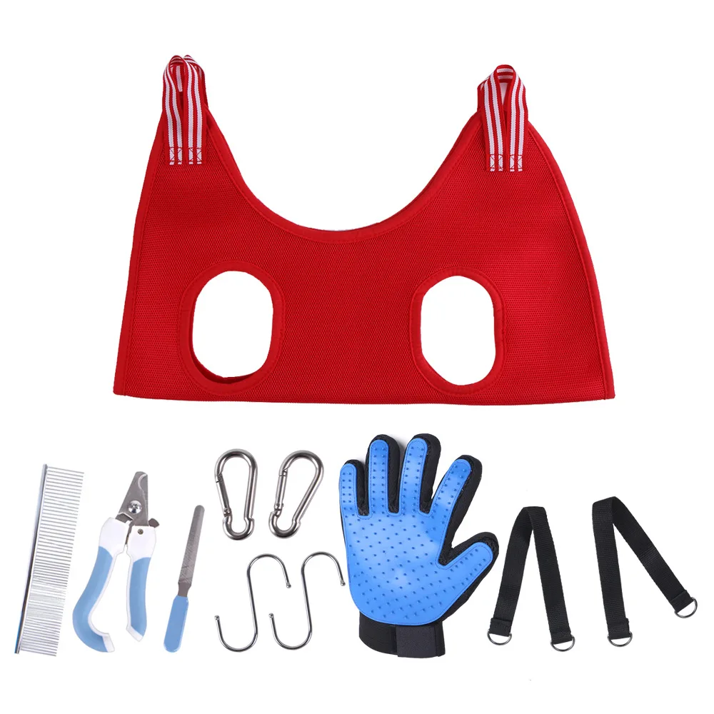 11 pcs Pet Red Style Dog Grooming Hammock Kit Comb Hair Nail Clipper Pet Manicure Tools Brush Gloves