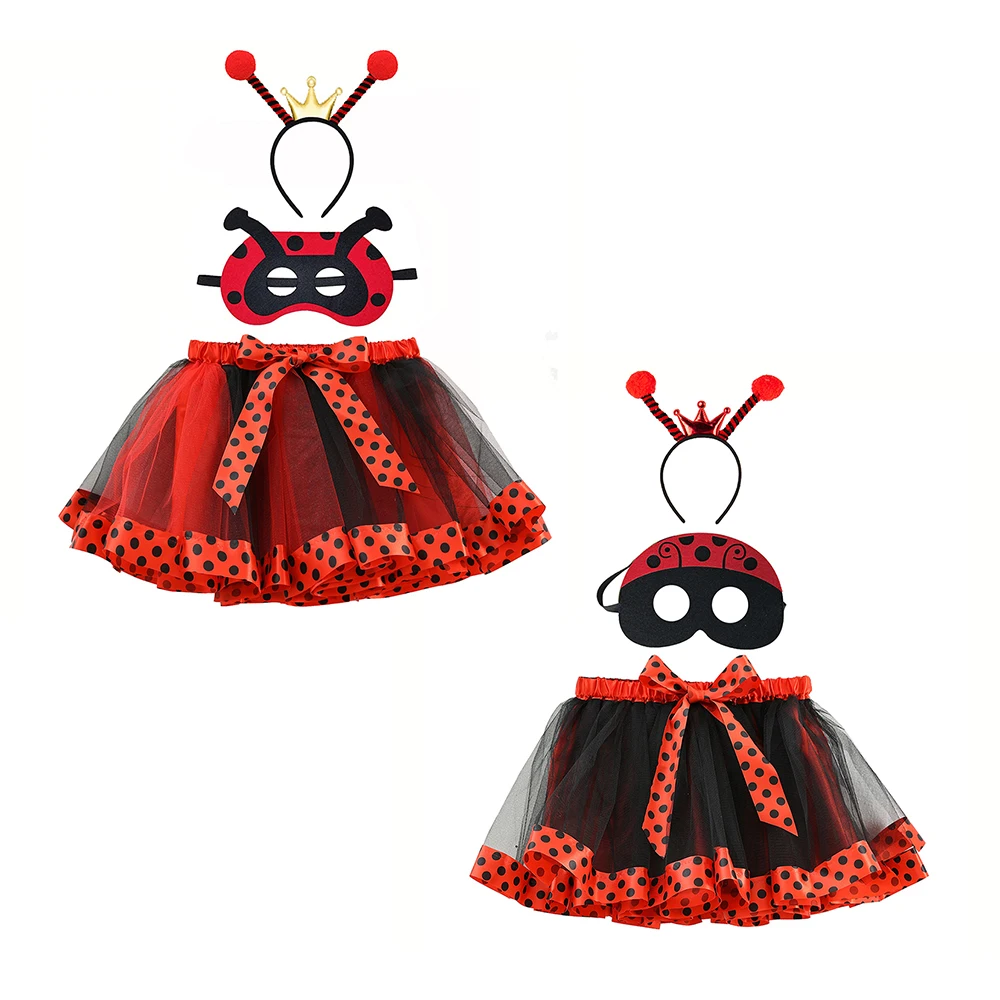 CM096 Kid Girls Halloween Ladybug Costume Cute Bows Tutu Skirt Headband Face Mask Set for Princess Carnival Party Outfits