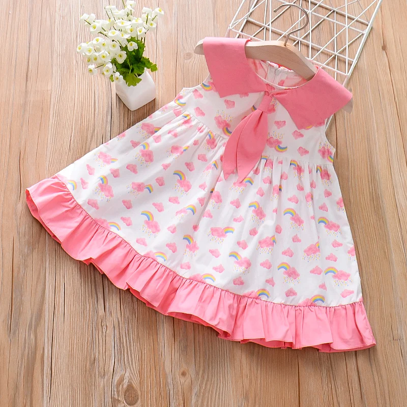 Лидер продаж на Amazon модель с отложным воротником платье для маленьких девочек цветное розовое детское радужным рисунком малышей 5