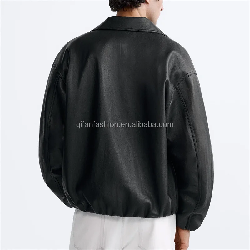Custom shirt collar blank plain black windproof leather jacket for men
