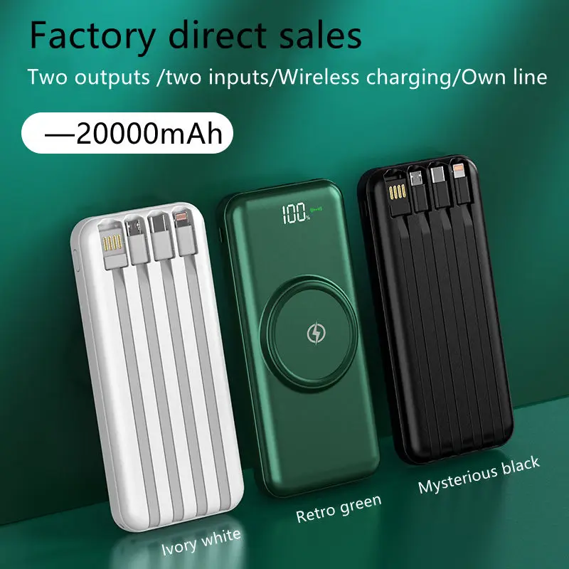20000Mah Qi Wireless Power Bank With 4 Cables Fast Quick Charger Mobile Phone Portable Powerbank 20000Mah Charger