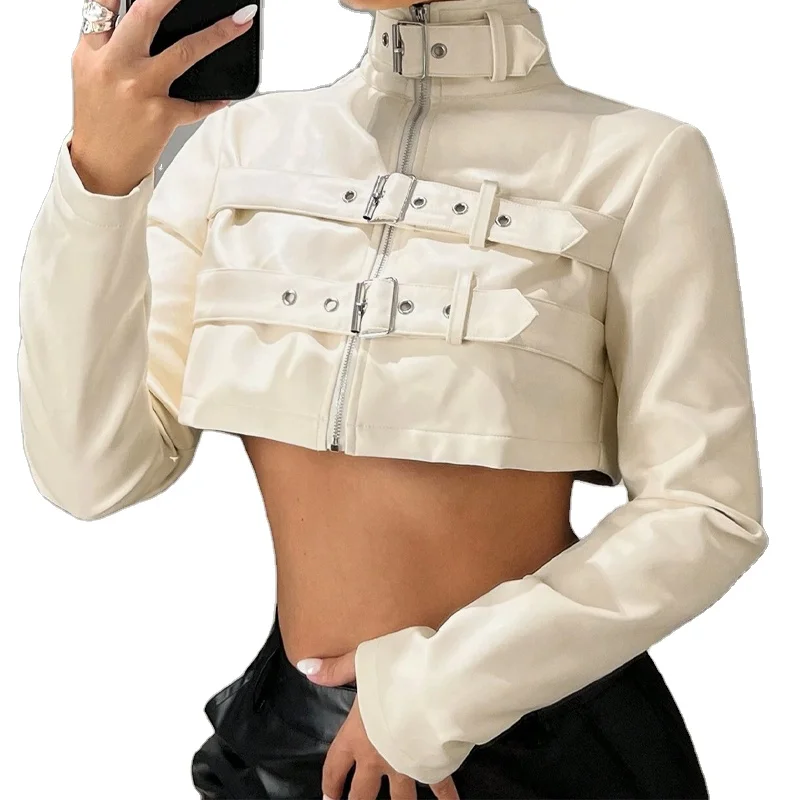 New Women Super Crop PU Leather Jacket Long Sleeves Front Buckles Crop Jacket For Spring Autumn High Street Wear