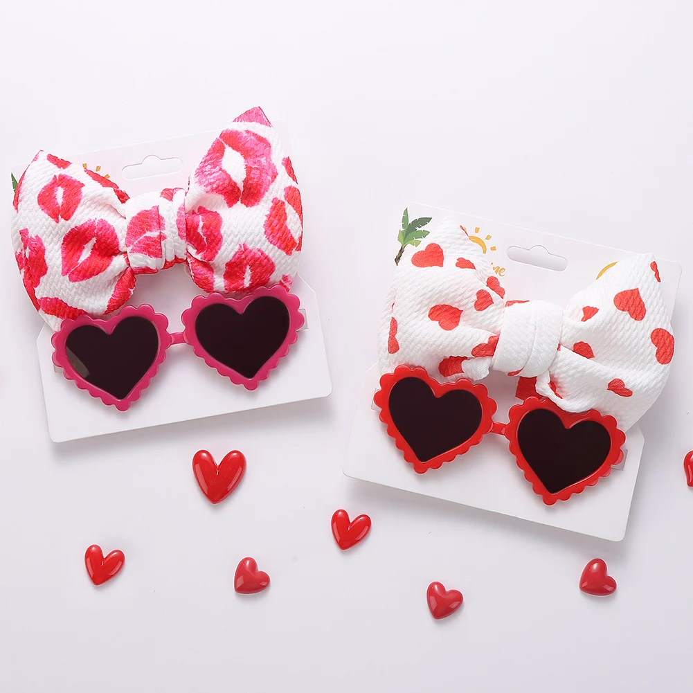 Summer 2Pcs Heart Shape Red Baby Sunglasses with Big Hair Bows Swiss Dots Nylon Headband Set Retro Sun Glasses
