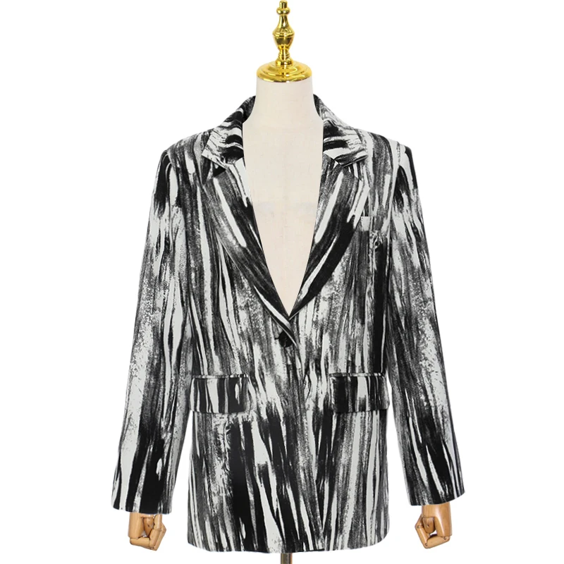 TWOTWINSTYLE Blazers Ladies Women Ink Print Colorblcok Loose Casual Women Coat