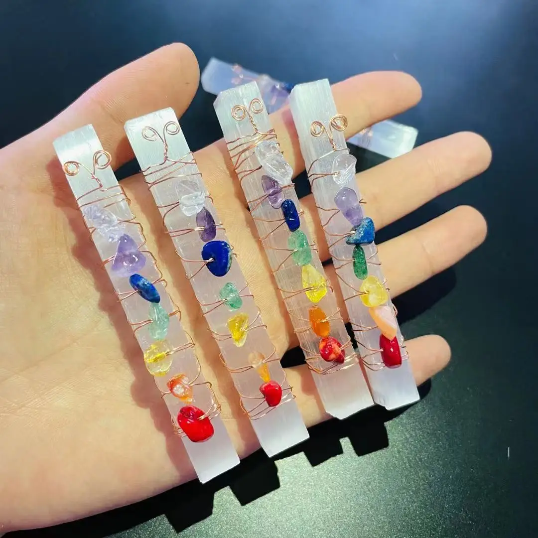 Raw Gemstone Polished 7 Chakras Selenite Wand Crystal Sticks for Sale Wholesale Bulk Natural Home Decoration Love Crystal Image