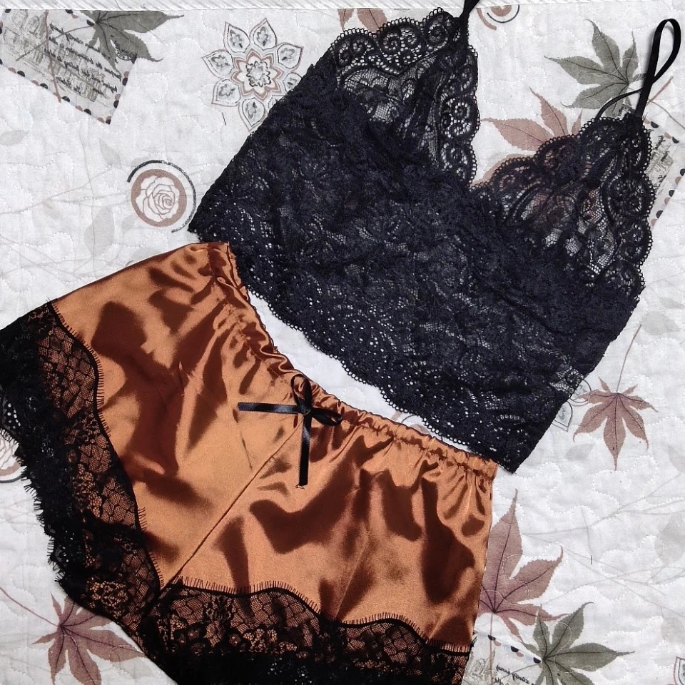 Wholesale WomenSexy Short Silk Nightwear Linger Set Nightdress Sleepwear Ladies Adult Loose Nightgown 2 Piece Satin Pajamas