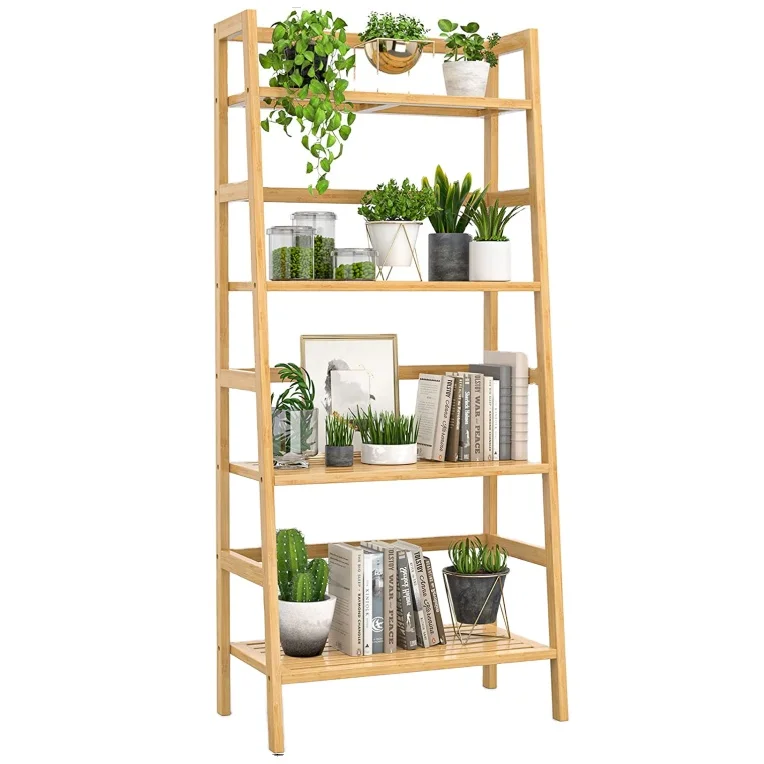 Bamboo Bookshelf, 4-Tier Bamboo Ladder Shelf, Bookcase,  Bathroom Storage Rack Plant Stand for Home