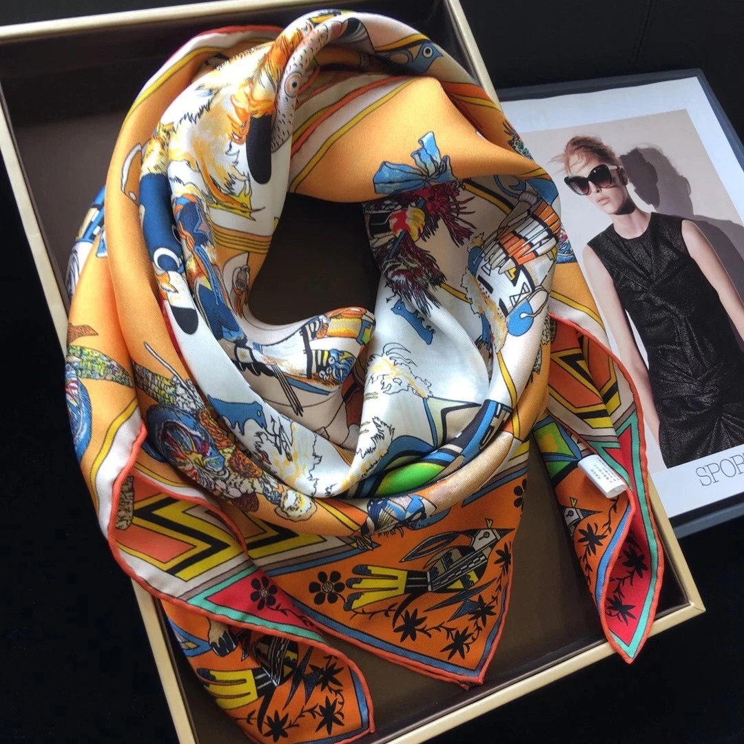 High Quality Custom  90*90cm Double Sided Printing Luxury Twill Film 100% Silk Satin Scarf