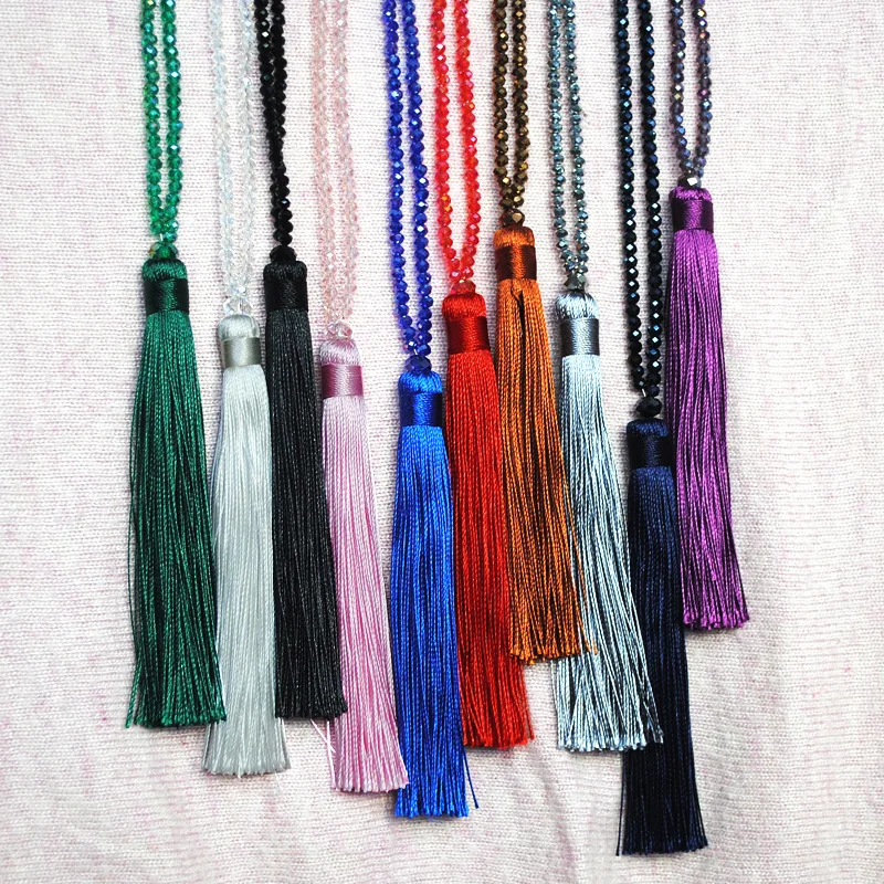 colorful velvet thread pendant crystal beaded necklace sweater chain pendant rhinestones choker women tassel long necklace
