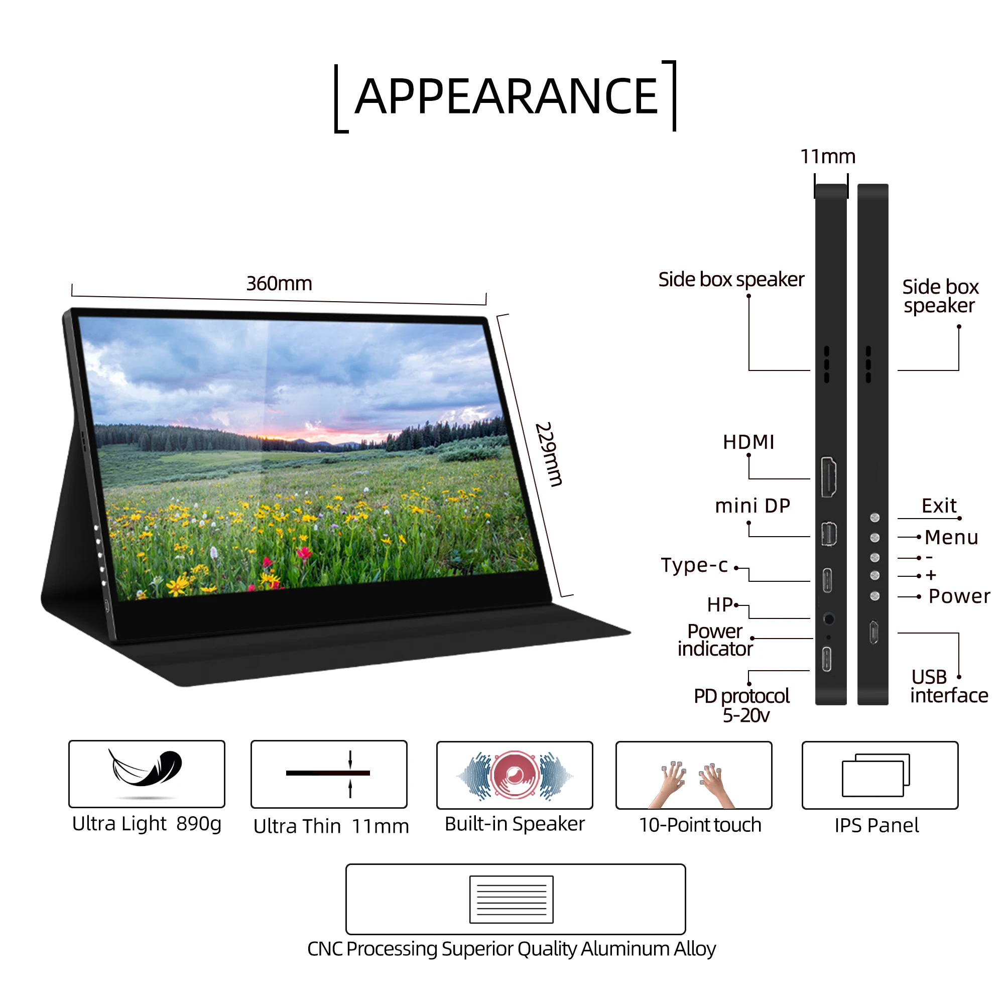 13.3 inch portable touch monitor 1080P 1200:1 100% of sRGB color gamut touch screen portable gaming monitor for laptop ps5