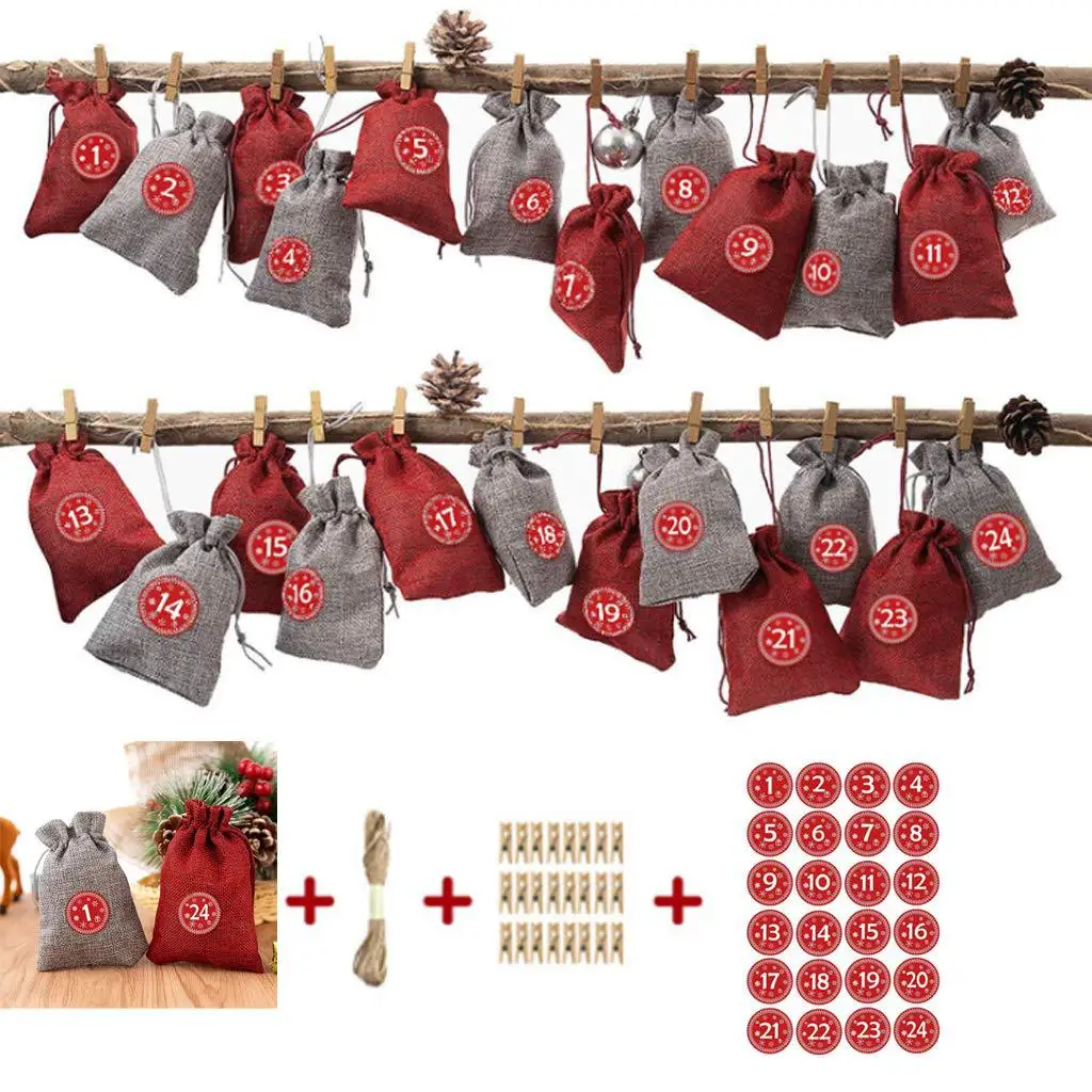 Huiran Christmas Advent Calendar 2023 Decorations 24 days Burlap Gift Bags Favors for Christmas Toys Home Decor