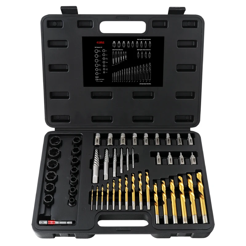 49pc Broken Screw Extractor Tool Set for Damaged Removal. 1# - 6# Bit Removers, Bolt Sockets and HSS Drill Bits. OEM ODM Ready