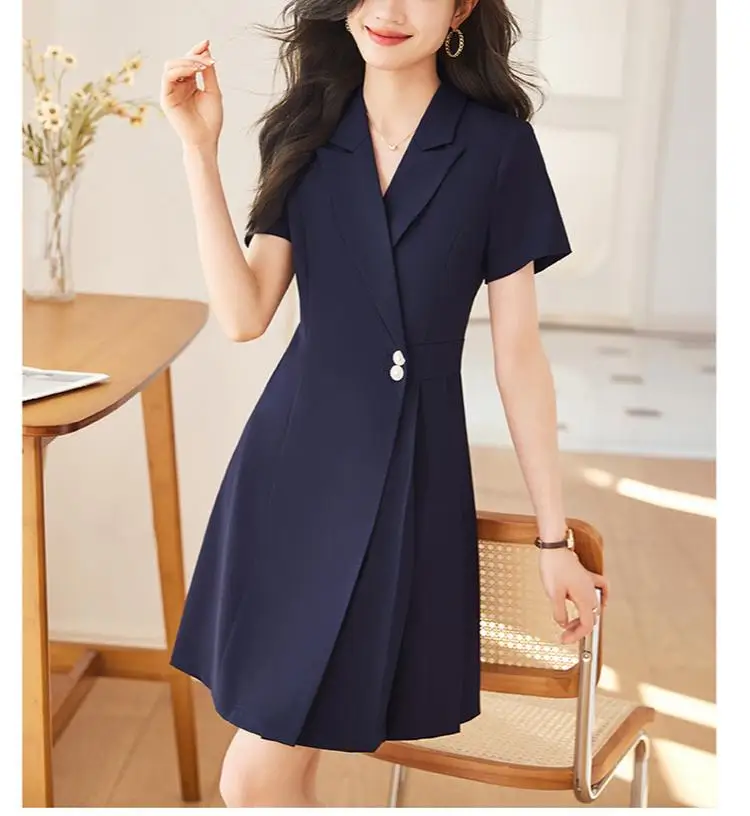 Women Office Suit Dress Solid Short Sleeve Pleated Trimmed Dress for Work Wholesale Plus Size Natural Woven Simple Midi Formal