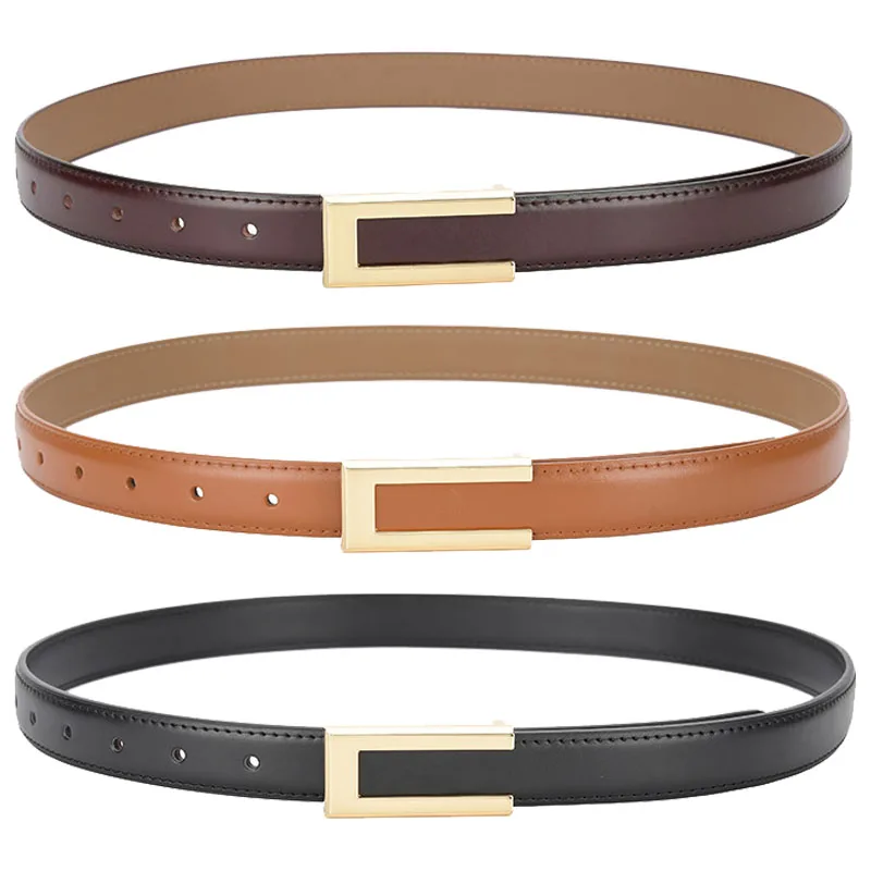 REWIN Fashion 2.4cm Width Skinny Ladies Thin Waist Belts Genuine Cow Leather Belts with Gold Buckle for Dresses Jeans Pants