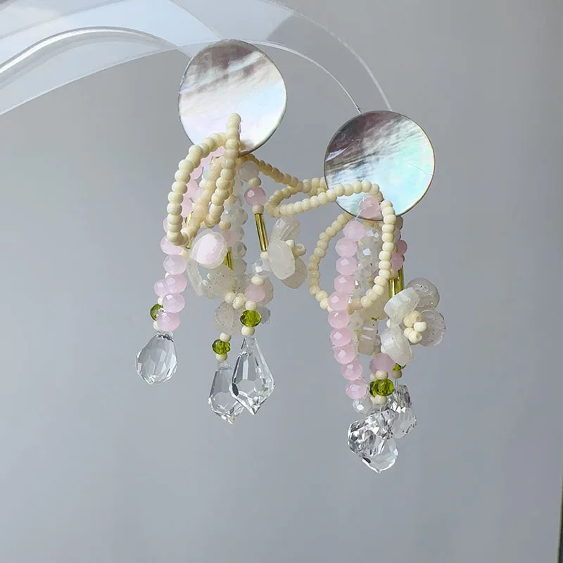 YANYE 3 Colors Original Oil Painting Back Garden Series Shell Tassel Earrings Pure Handmade Crystal Beaded Flower Earrings